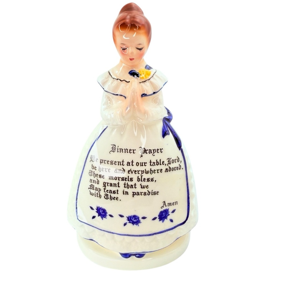 Vintage Enesco Figurine Blue Napkin Holder Dinner Prayer Japan Anthropomorphic